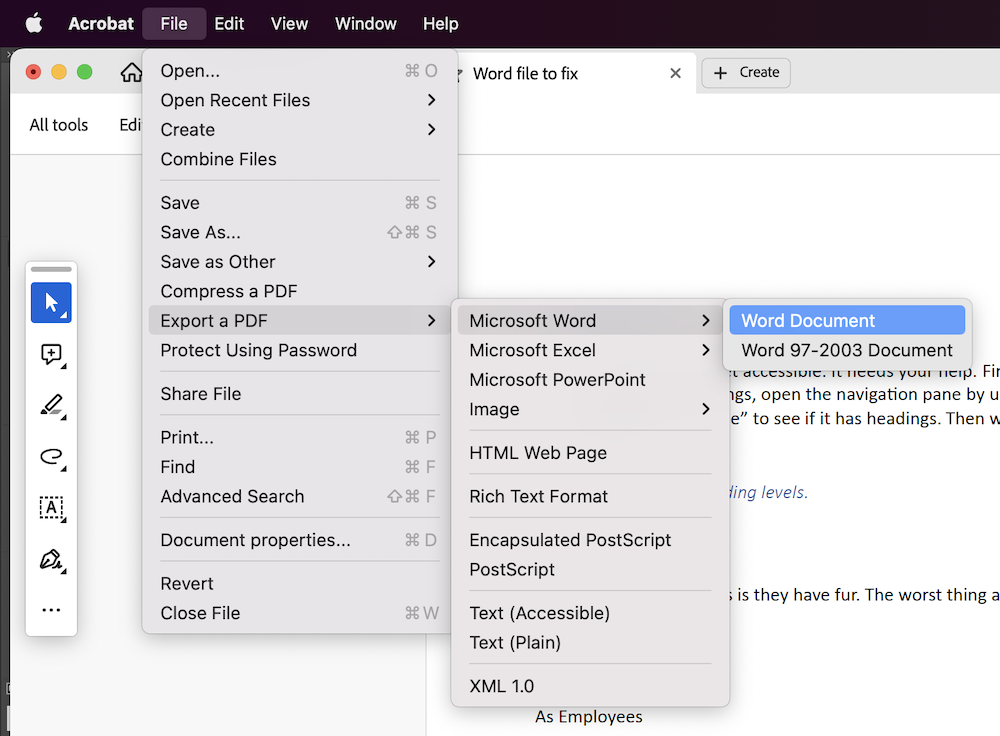 screenshot of Acrobat with File Export To Microsoft Word selected