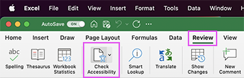 Screenshot of Review tab selected with Check Accessibility highlighted