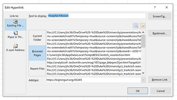 screenshot of Excel link dialog box with Text to Display highlighted