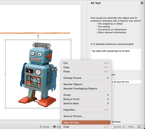 Screenshot of PowerPoint right click View Edit Alt Text