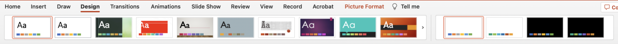 Screenshot of PowerPoint Design Ribbon with a variety of Themes