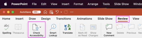 Screenshot of PowerPoint with the Review tab open and Accessibility Checker highlighted